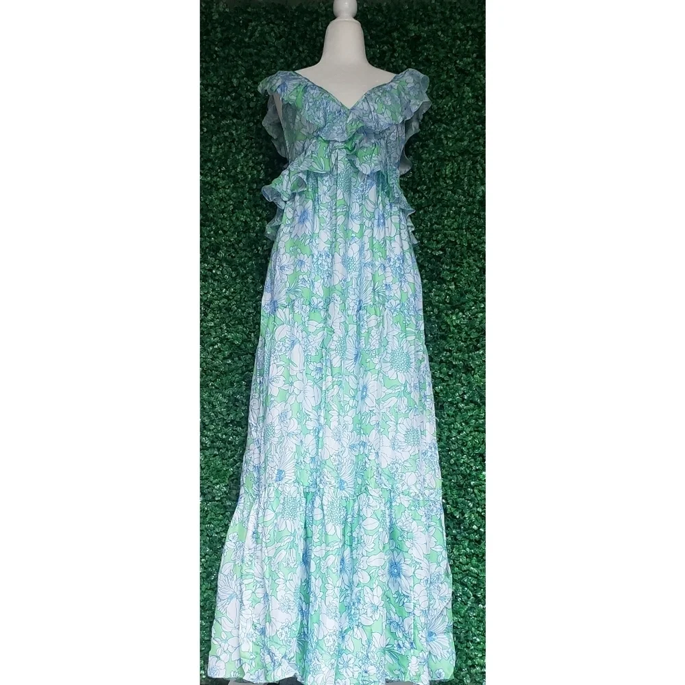 J.Crew Collection ruffle-trim cutout maxi dress in lime floral - Picture 5 of 12